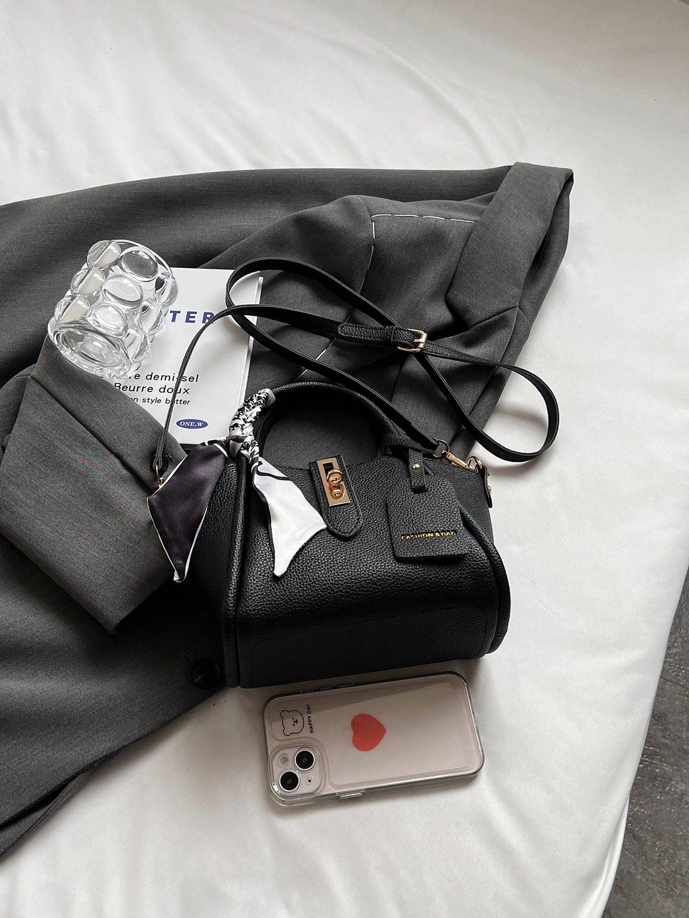 Sac à main en PU verrouillable, convertible bandoulière, avec foulard