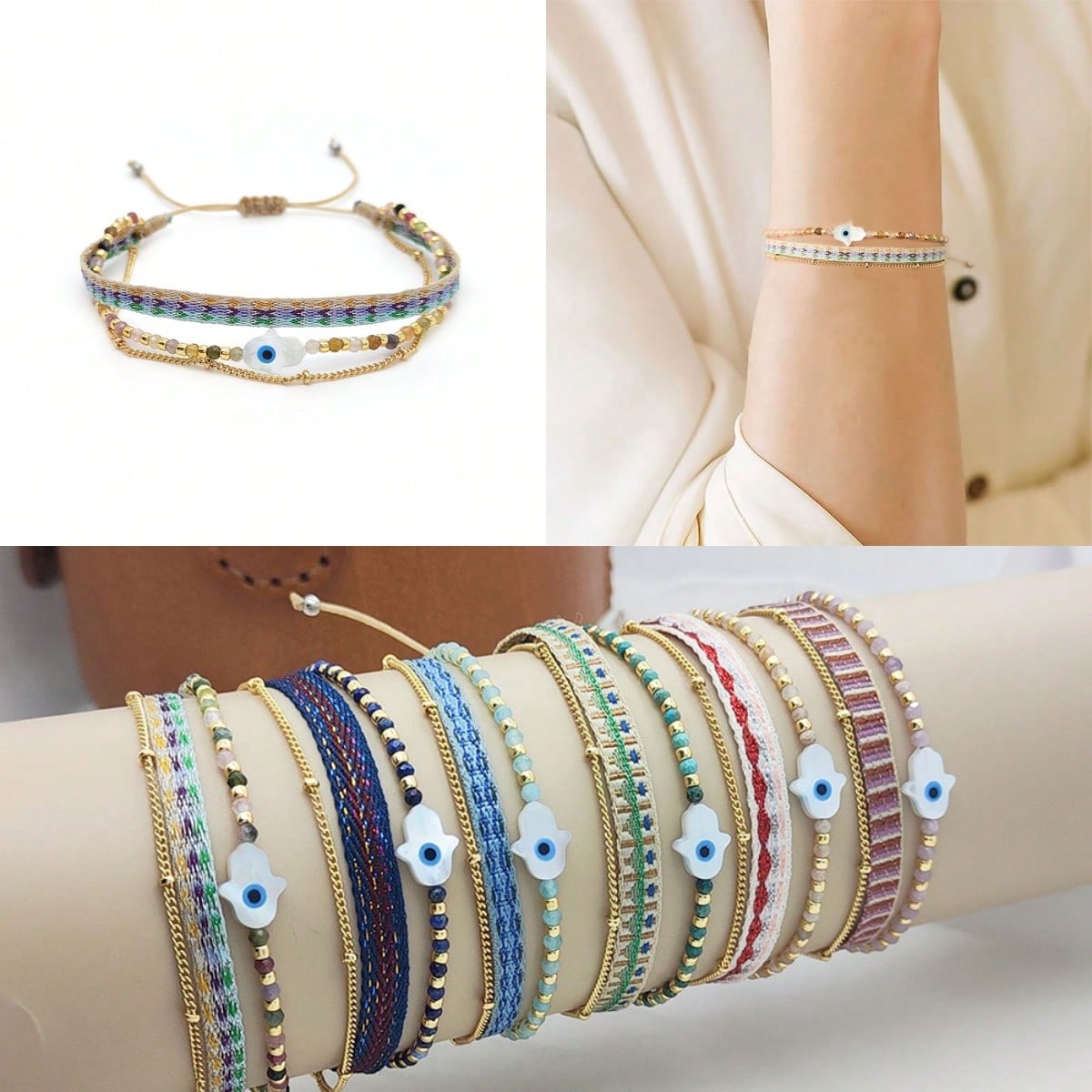 Bracelet tissé multicolore avec perles pour femme