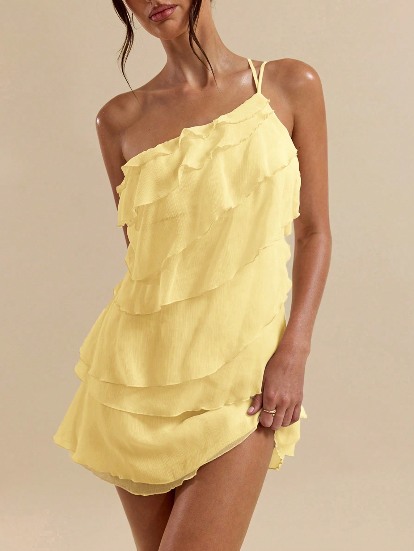 Robe mini abricot à superposition feuilles de lotus