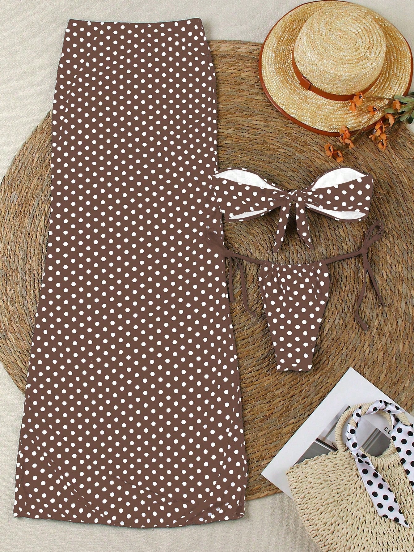 Bikini 3 pièces imprimé pois pour femmes