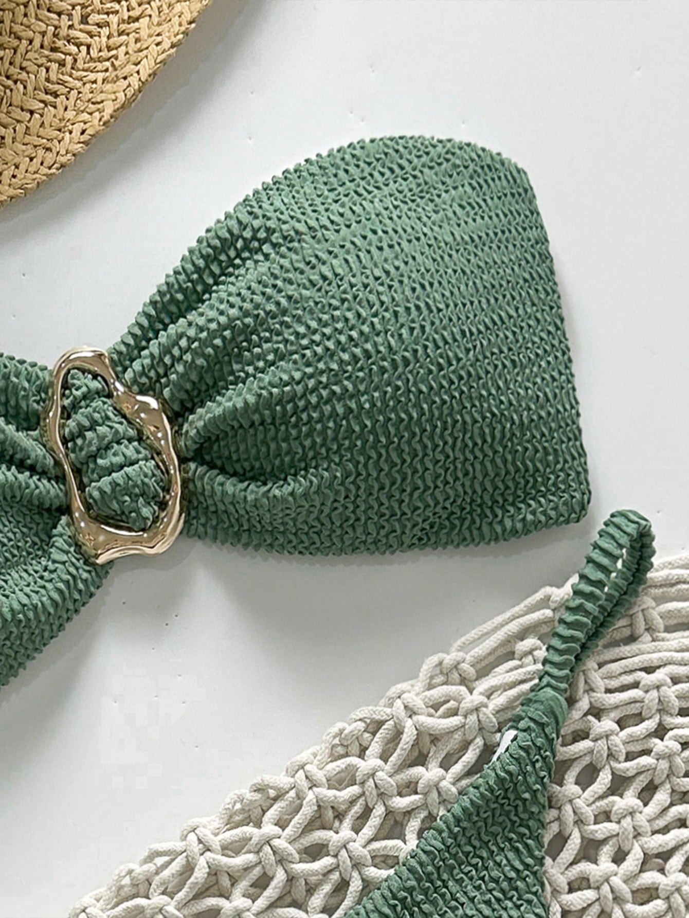 Ensemble bikini sans bretelles jacquard uni avec décor métal
