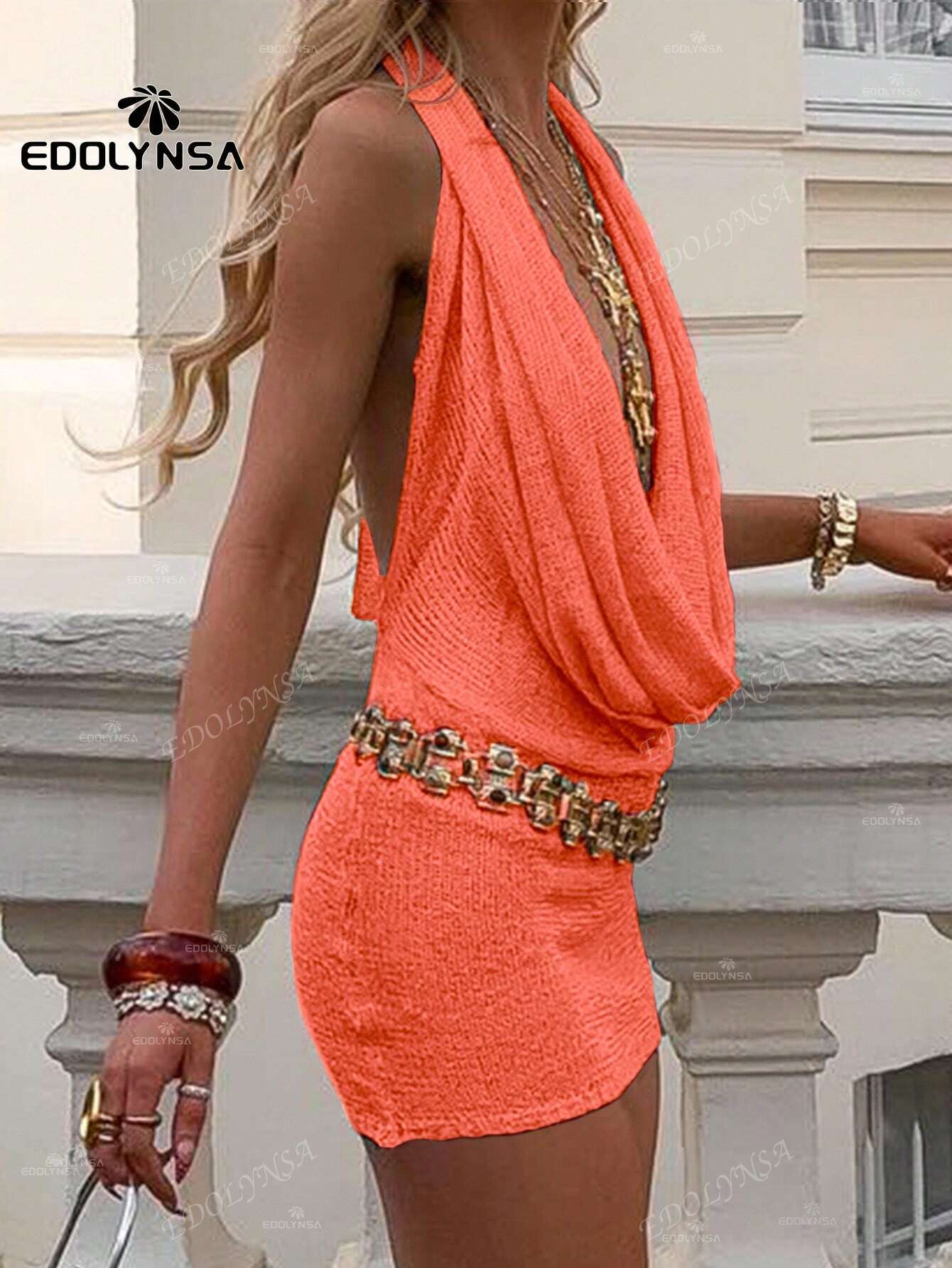 Robe dos nu en tricot, encolure V, sans manches - Femme