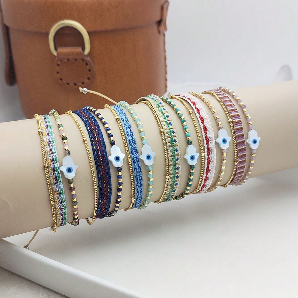 Bracelet tissé multicolore avec perles pour femme