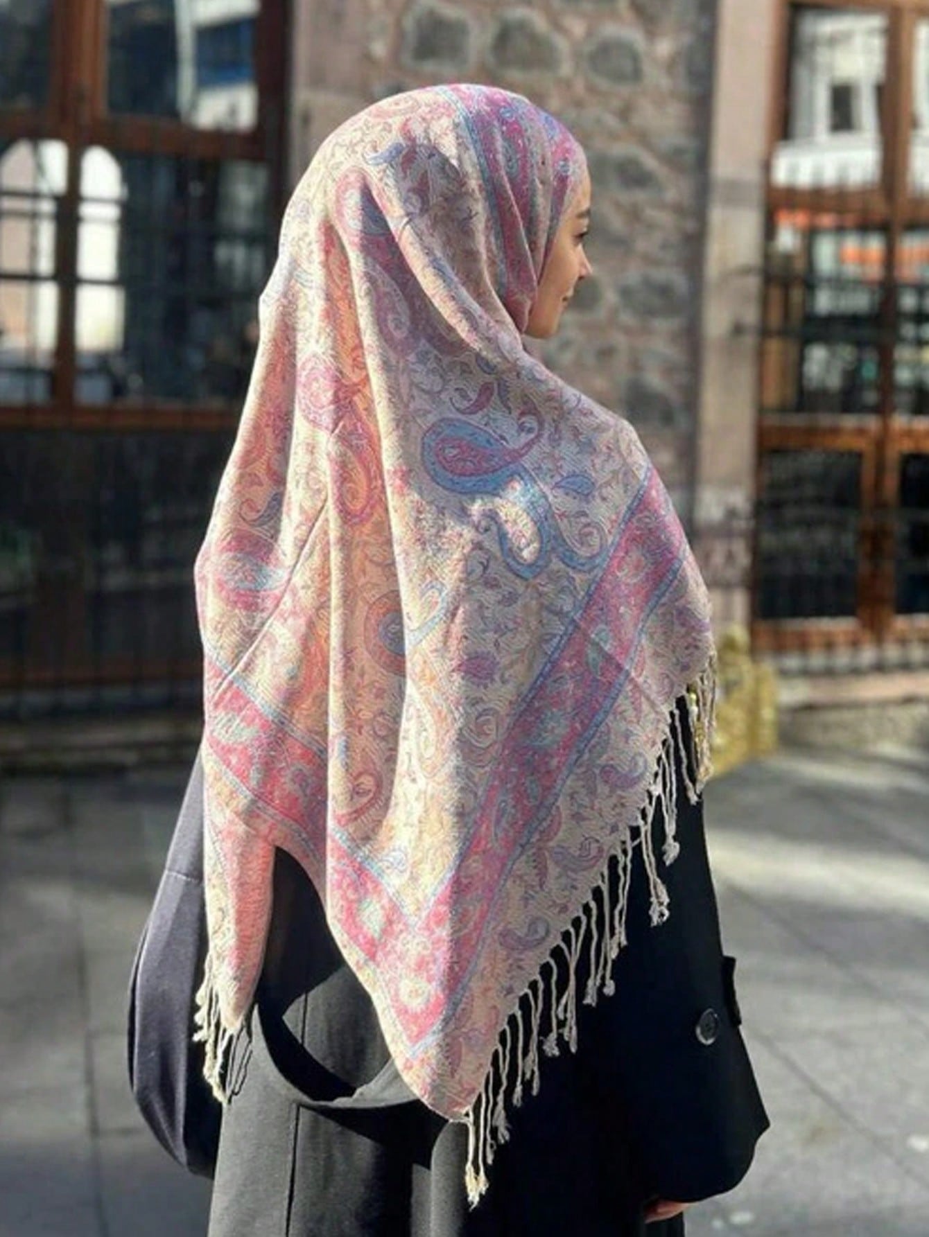 Écharpe jacquard cachemire à franges - Modèle rose