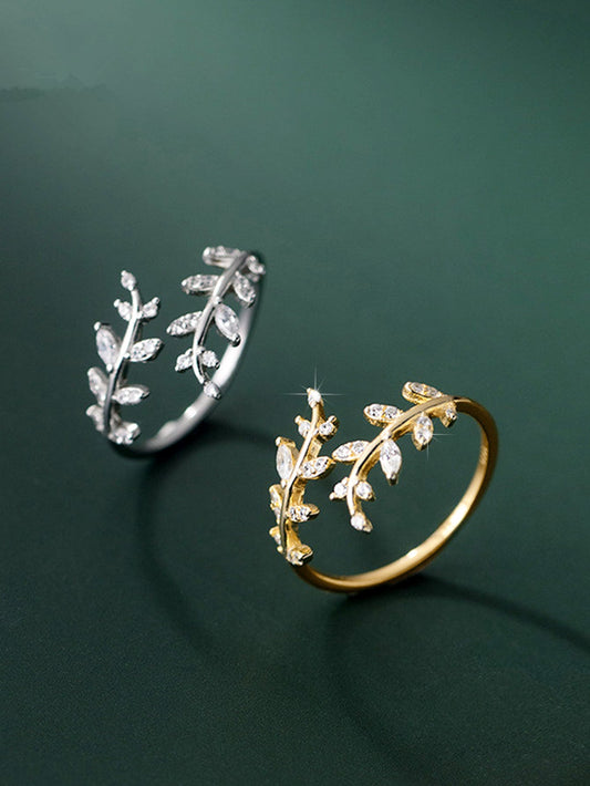 Bague ouverte zircone cubique motif feuille