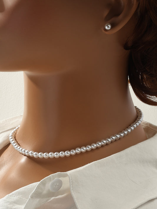 Ensemble Collier et Boucles d'Oreilles Perles Blanches Fausses