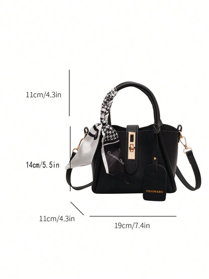 Sac à main en PU verrouillable, convertible bandoulière, avec foulard