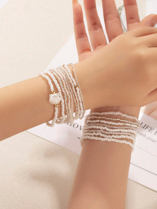 Bracelet empilable perles de verre blanc pour femme