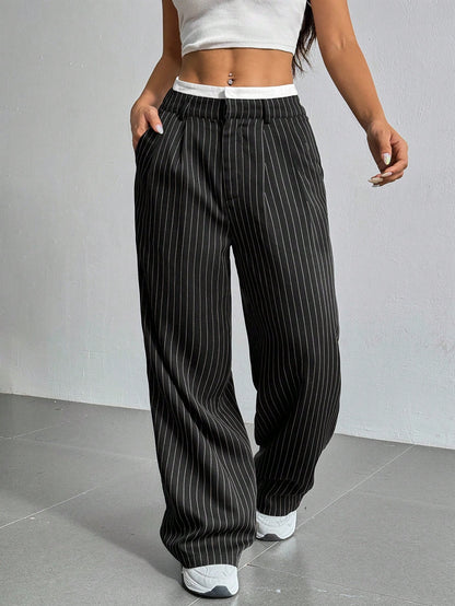 Pantalon costume femme taille haute rayures larges