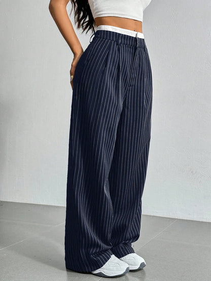 Pantalon costume femme large plissé bande couleur