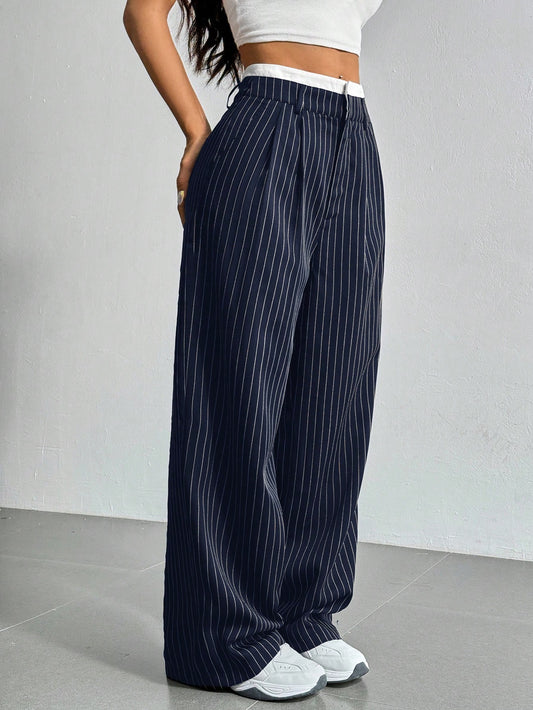 Pantalon costume femme large plissé bande couleur