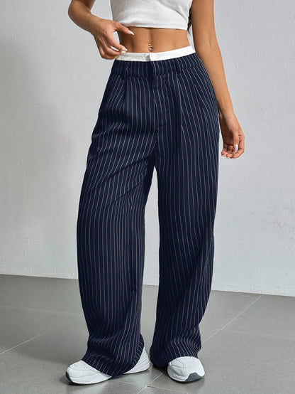 Pantalon costume femme large plissé bande couleur