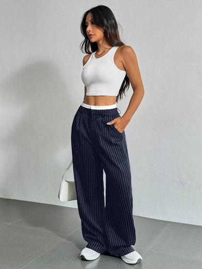 Pantalon costume femme large plissé bande couleur