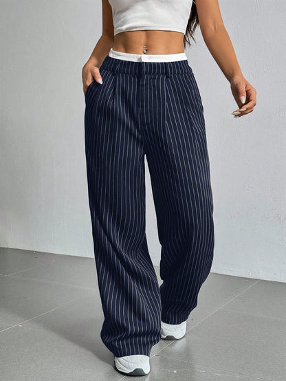 Pantalon costume femme large plissé bande couleur