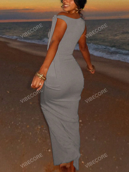 Robe longue sans manches col asymétrique femme