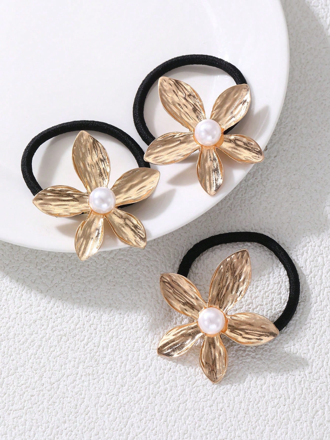 Élastiques à Cheveux 3 pièces - Fleur Métallique Dorée