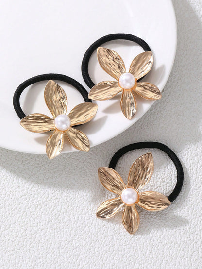 Élastiques à Cheveux 3 pièces - Fleur Métallique Dorée