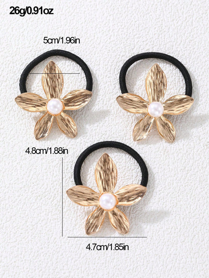 Élastiques à Cheveux 3 pièces - Fleur Métallique Dorée