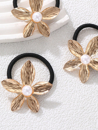 Élastiques à Cheveux 3 pièces - Fleur Métallique Dorée