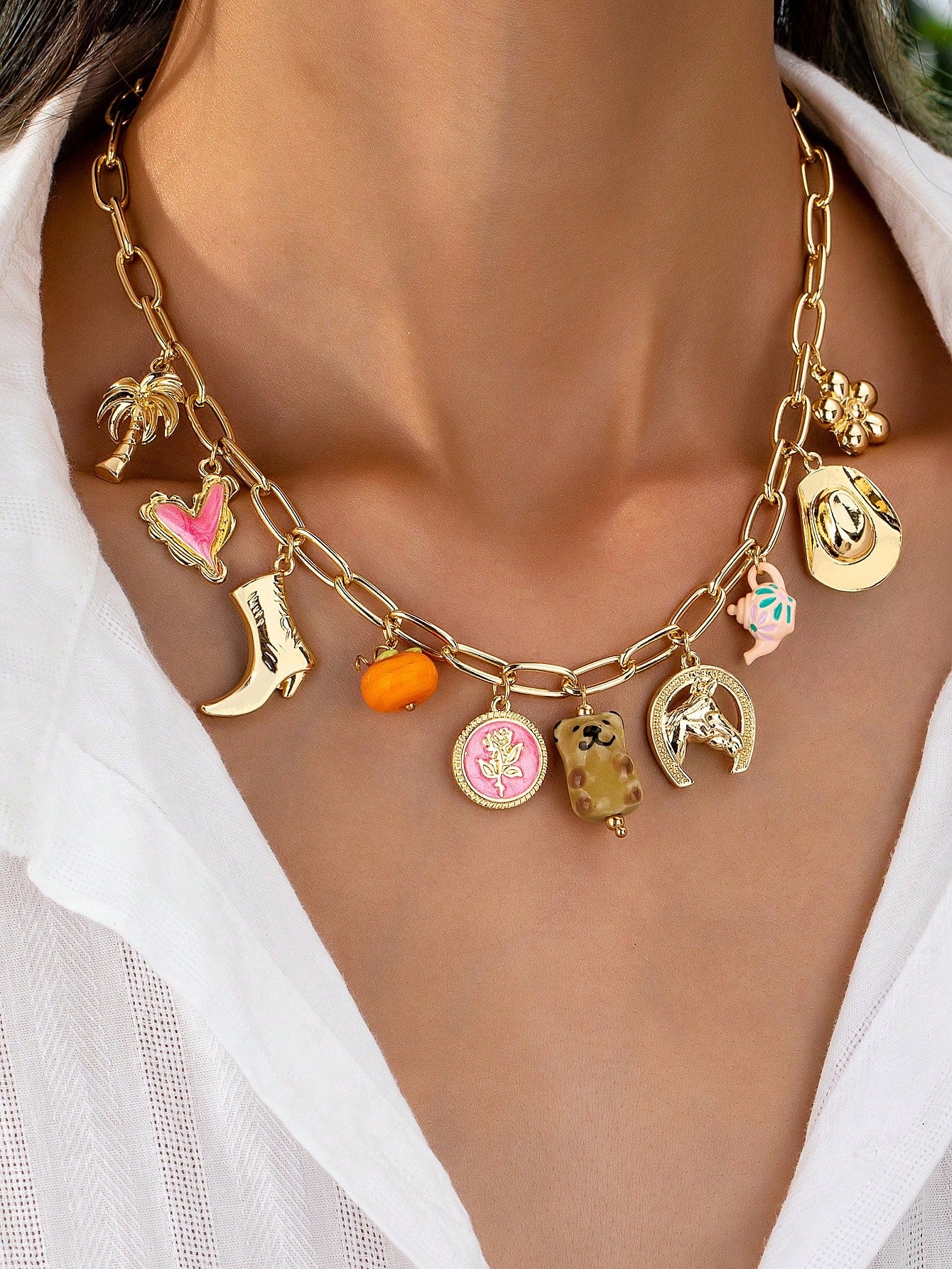 Collier multi-breloques avec charmes en porcelaine bleu et blanc, fait main