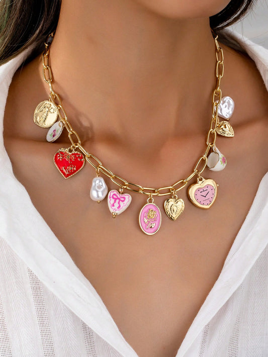 Collier pendentif cœur céramique, breloques multiples