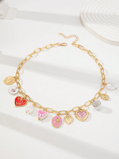 Collier pendentif cœur céramique, breloques multiples