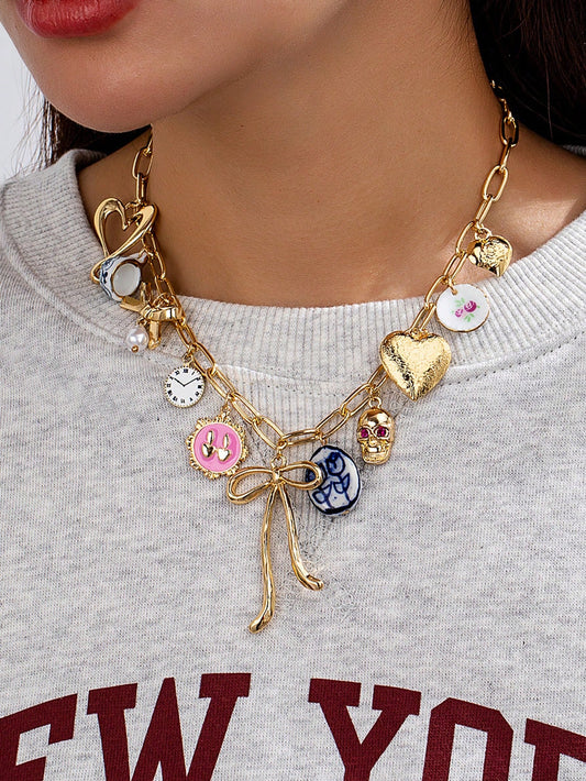 Collier pendentif céramique papillon et cœur fait main