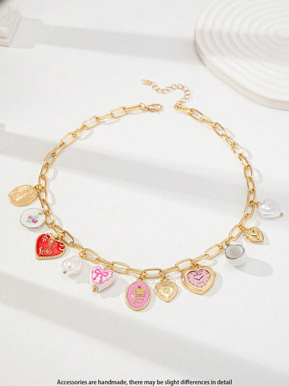 Collier pendentif cœur céramique, breloques multiples
