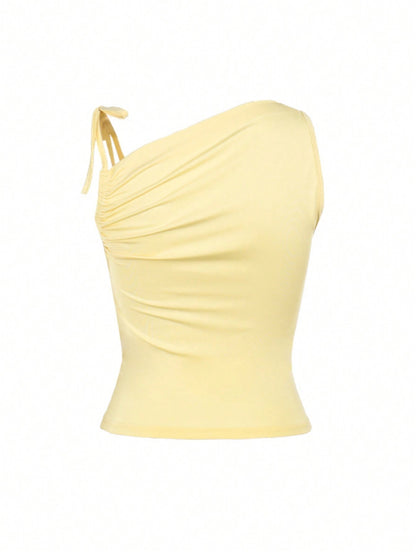 Top sans manches col asymétrique noué couleur crème femme