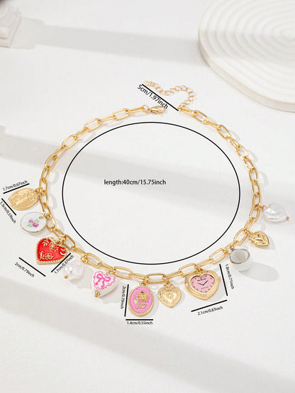 Collier pendentif cœur céramique, breloques multiples