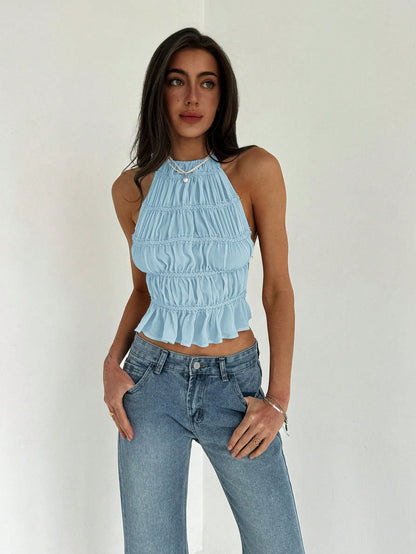 Débardeur femme col cravate ajustable et froncé