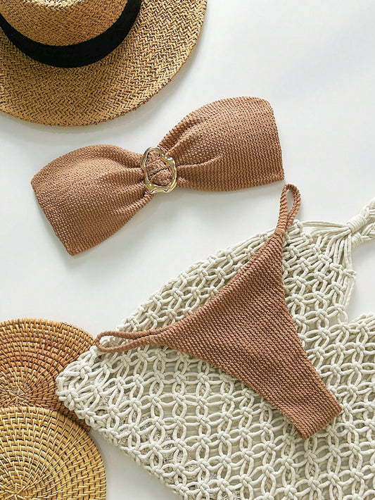 Maillot de bain deux-pièces femme bandeau jacquard métallique