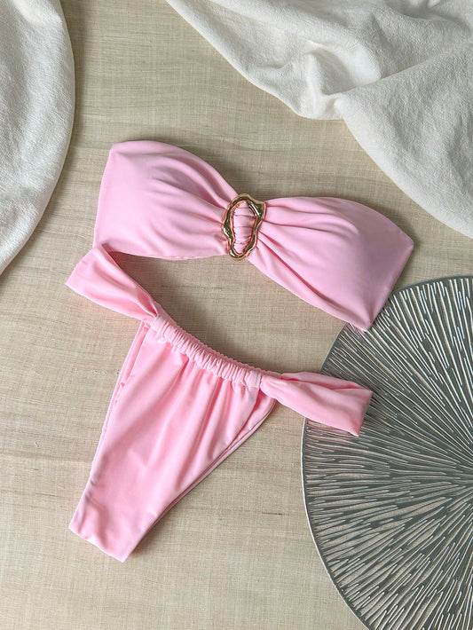 Bikini bandeau uni avec décoration métallique pour femmes