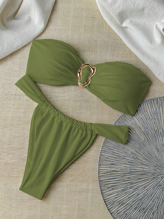 Bikini bandeau tanga femme couleur unie avec déco métallique