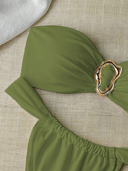 Bikini bandeau tanga femme couleur unie avec déco métallique