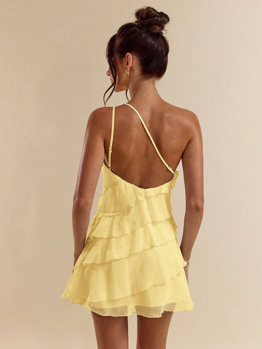 Robe mini abricot à superposition feuilles de lotus