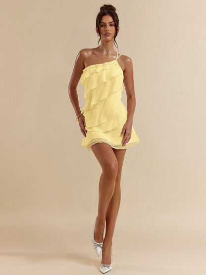 Robe mini abricot à superposition feuilles de lotus