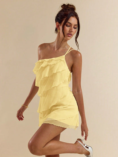 Robe mini abricot à superposition feuilles de lotus