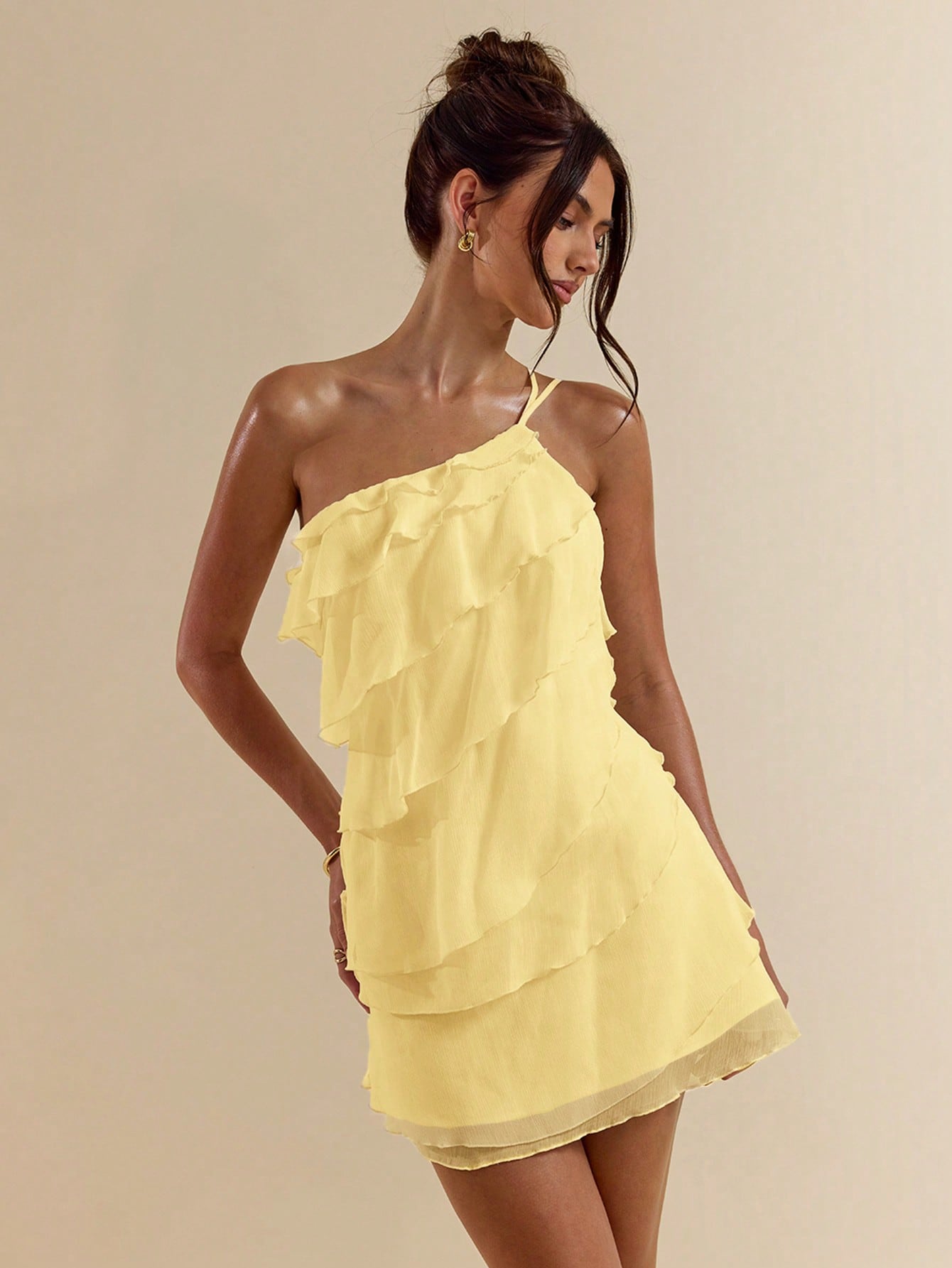 Robe mini abricot à superposition feuilles de lotus