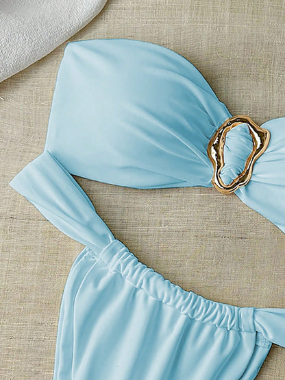 Bikini bandeau et string femme couleur unie avec déco métallique