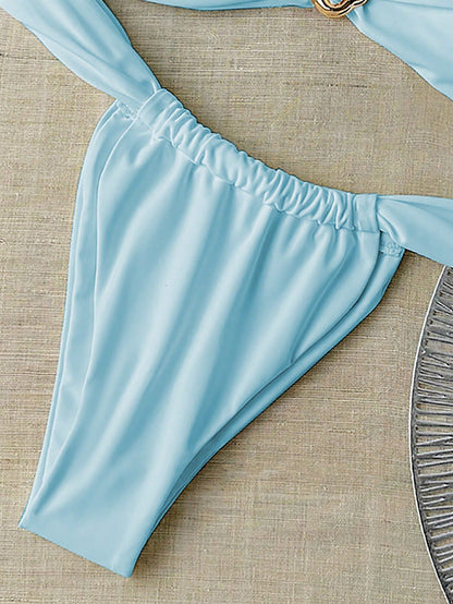 Bikini bandeau et string femme couleur unie avec déco métallique