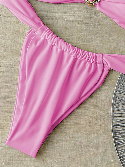 Bikini bandeau et string unie avec décoration métallique