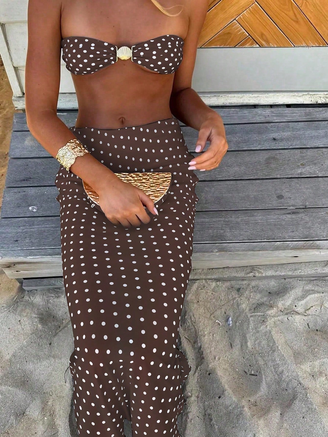 Bikini 3 pièces imprimé pois pour femmes