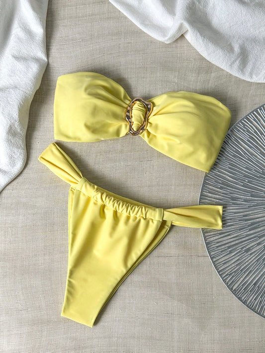 Bikini bandeau string métal uni pour femme