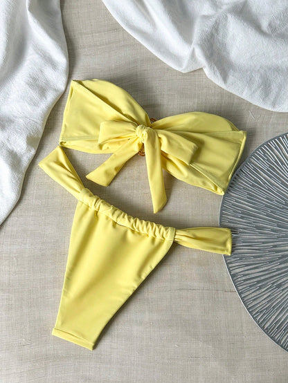 Bikini bandeau string métal uni pour femme