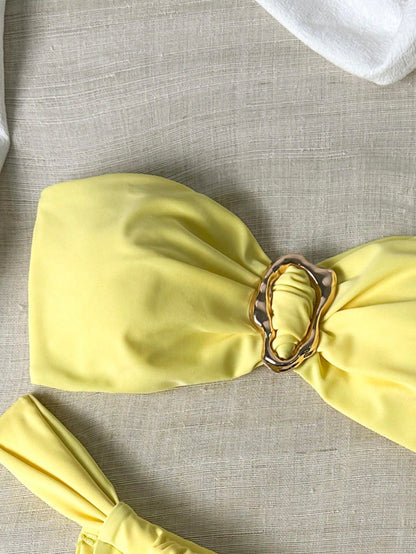Bikini bandeau string métal uni pour femme