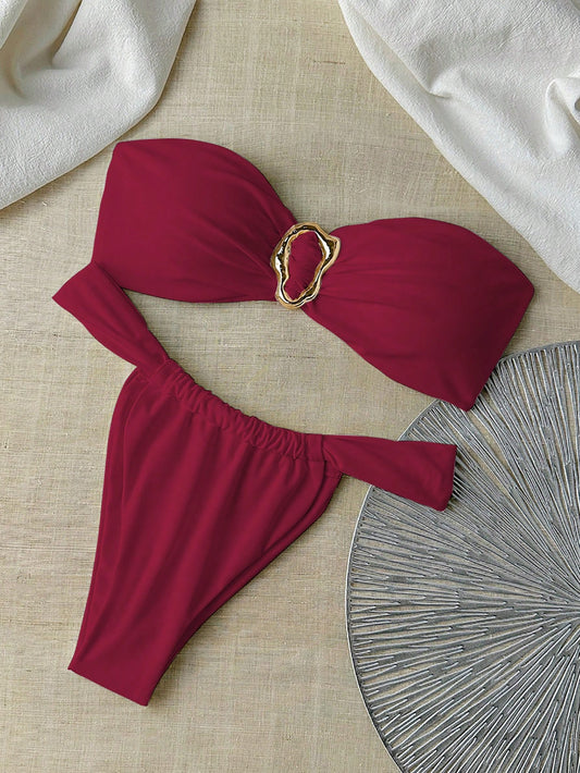 Top bandeau et string bikini métallisé pour femme