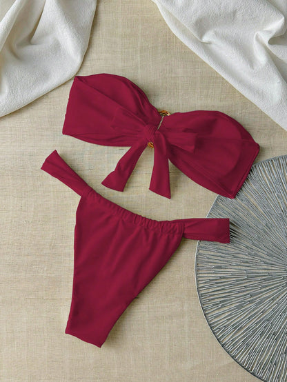 Top bandeau et string bikini métallisé pour femme