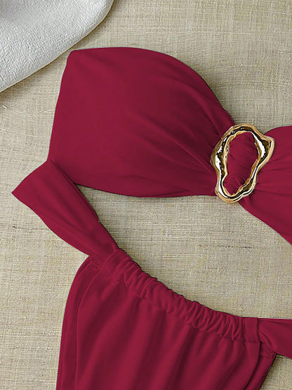 Top bandeau et string bikini métallisé pour femme