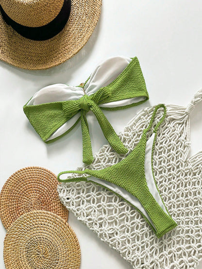 Bikini sans bretelles jacquard uni avec décor métallique pour femmes